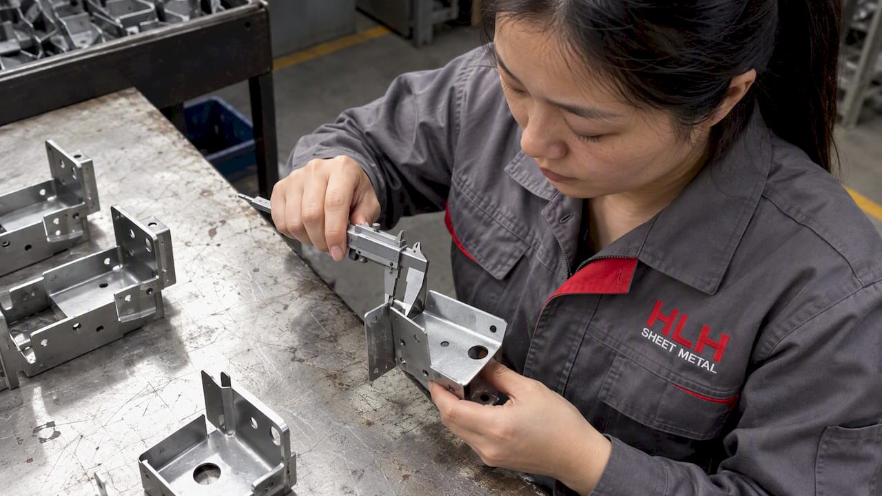 Inspector measures a stamped metal bracket