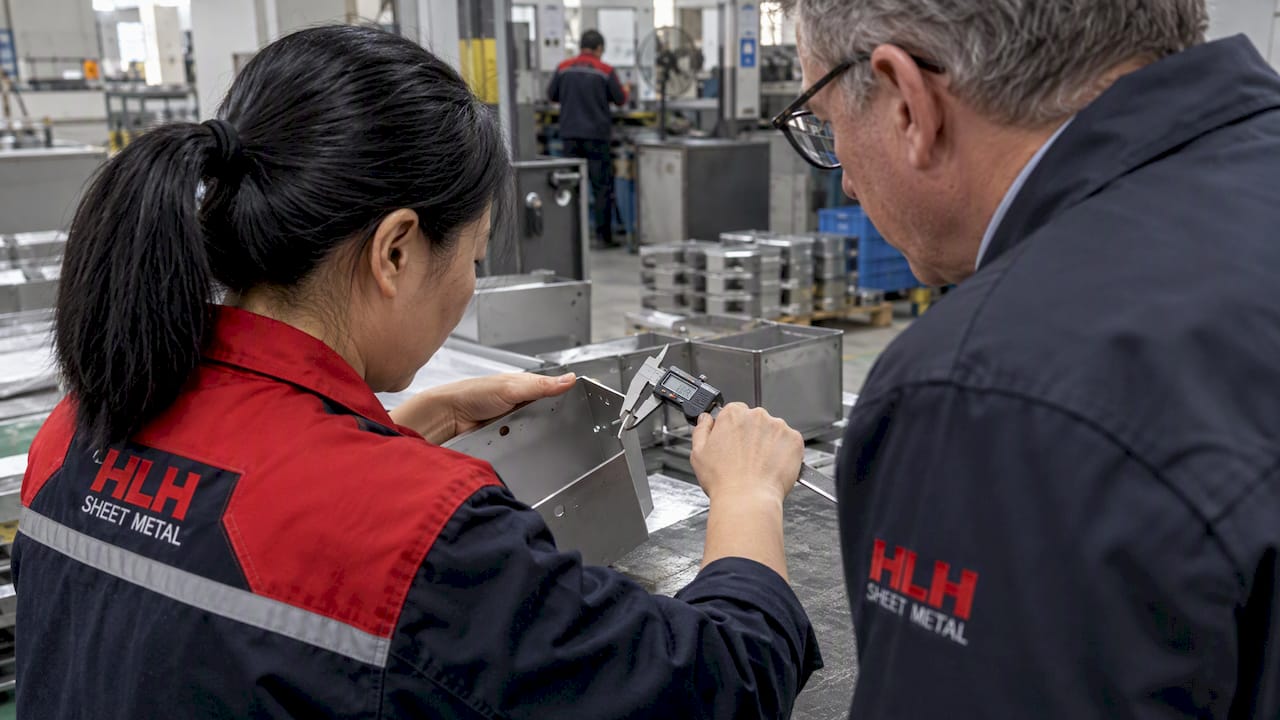 Inspector checking a finished part with a caliper