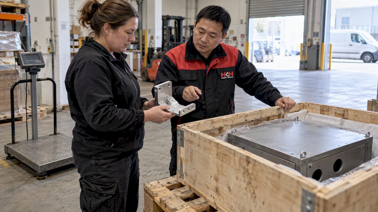 Buyer and engineer compare shipped metal parts