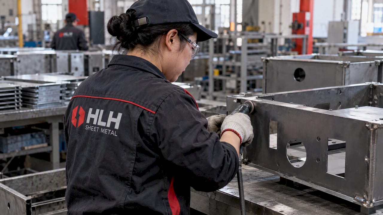 Chinese worker deburring a welded assembly