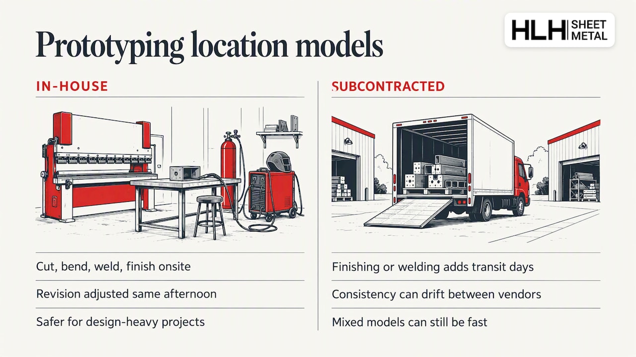 In-house versus subcontracted prototyping — overview diagram