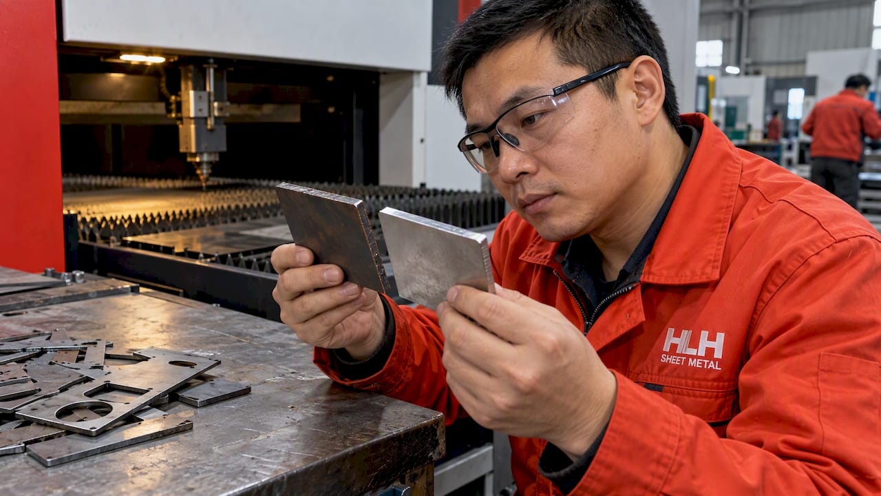Technician compares laser cut steel edges - Mild Steel vs. Stainless