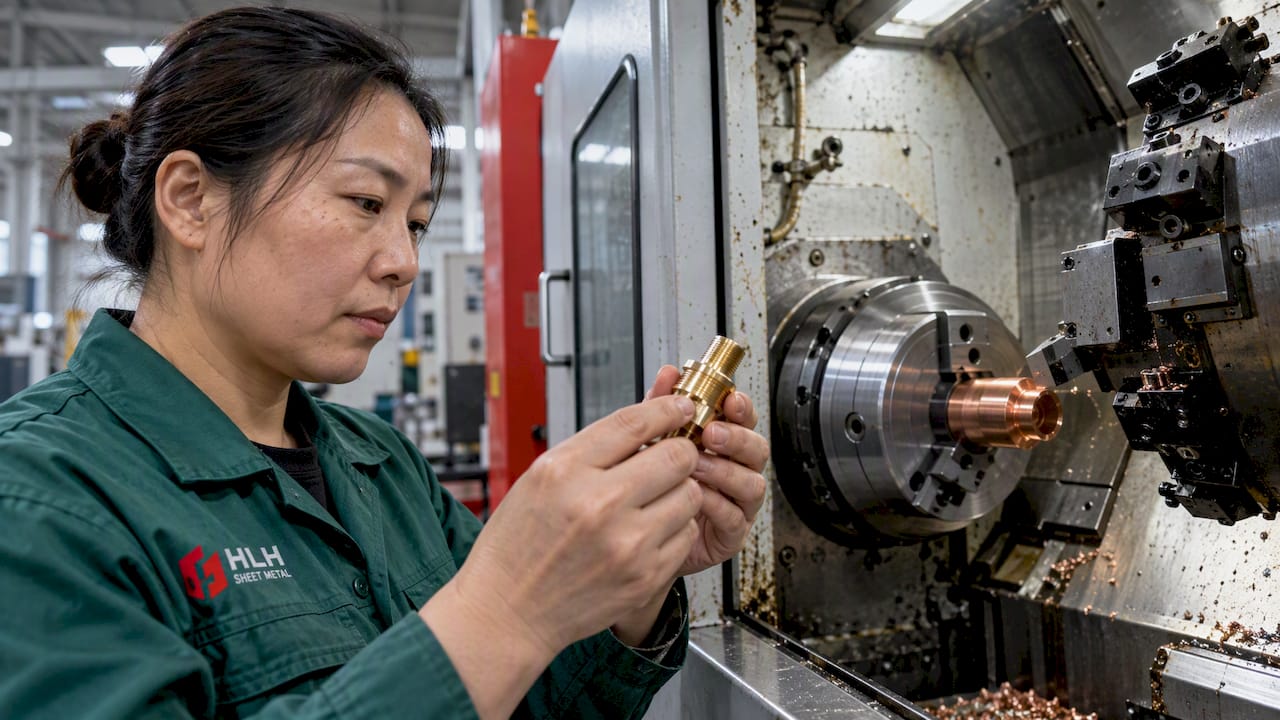 Machinist compares brass and copper turned parts