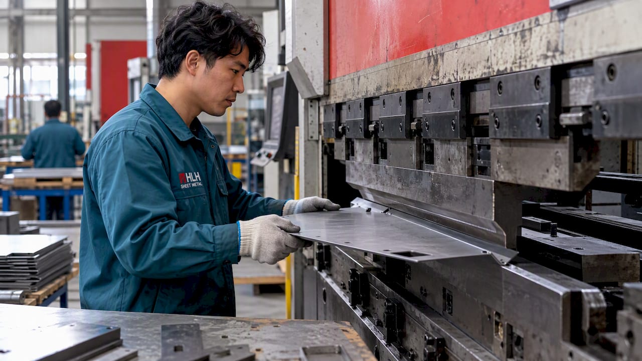 Chinese engineer operating automated press brake